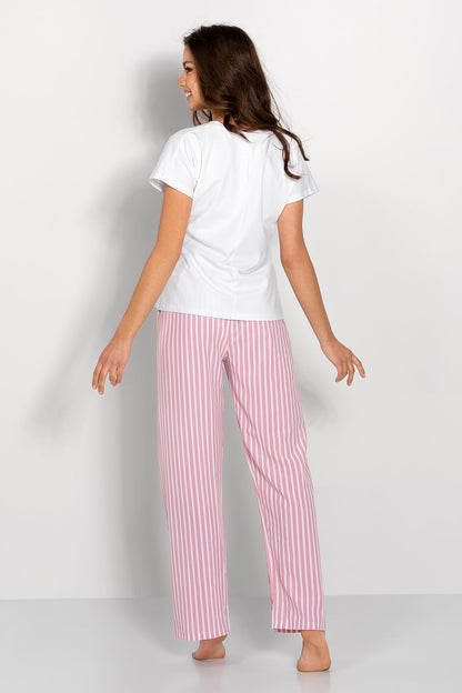 Back view of a model in Luxury Ladies' Pyjamas Set with Short-Sleeved Blouse and Long Striped Pants - Elegant Comfort, displaying the stylish design of the white blouse and long pink striped trousers.