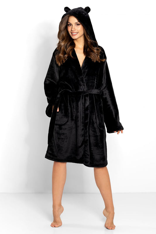 Luxurious Momenti Per Me Black Kitty Bathrobe With Hood And Ears, crafted from warm polyester, perfect for stylish loungewear.