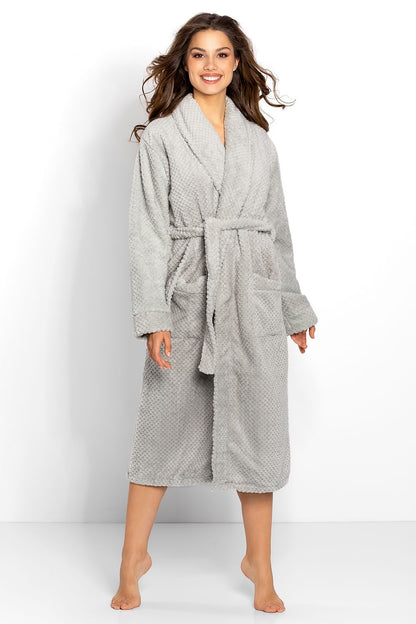 Elegant women's long bathrobe in soft grey texture, featuring a shawl collar and tied waist, perfect for luxurious home lounging.