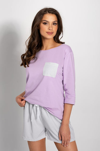 Luxury Women's Pajamas Set featuring a lavender 3/4 sleeve blouse with a pocket and grey polka dot shorts, designed by Momenti Per Me.