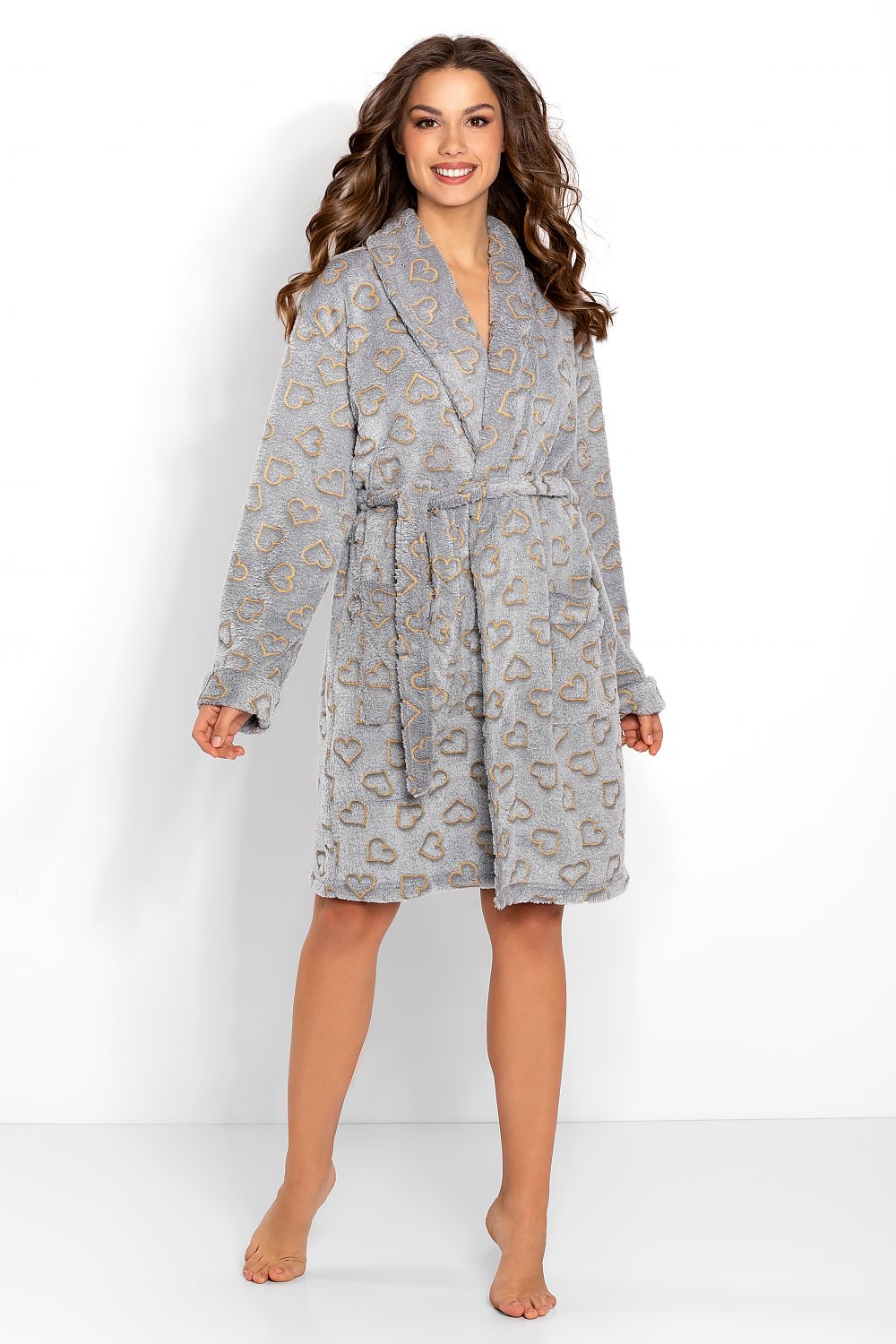 Luxury women's long-sleeved bathrobe with tie belt, featuring a stylish heart pattern, crafted from soft material, perfect for lounging with elegance.