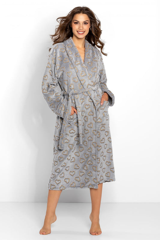 Luxurious Momenti Per Me Women's Grey Bathrobe adorned with elegant gold hearts, featuring a stylish long sleeve design, perfect for gifting.