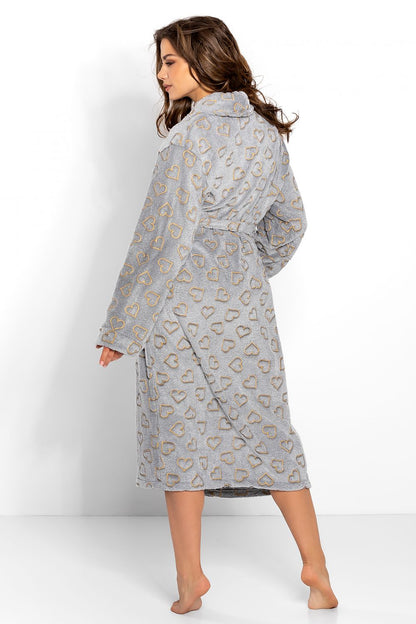 Chic Momenti Per Me Women's Grey Bathrobe with sophisticated gold heart accents, showcasing a long sleeve style and ideal for a luxurious present.