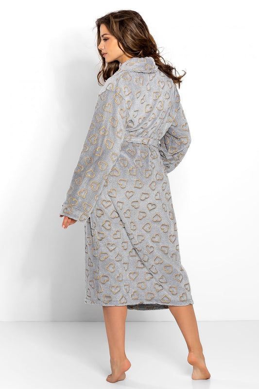 Chic Momenti Per Me Women's Grey Bathrobe with sophisticated gold heart accents, showcasing a long sleeve style and ideal for a luxurious present.