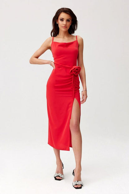 Side view of the Maribel Midi Cocktail Dress by Roco Fashion, highlighting the sexy slit and sophisticated neckline.