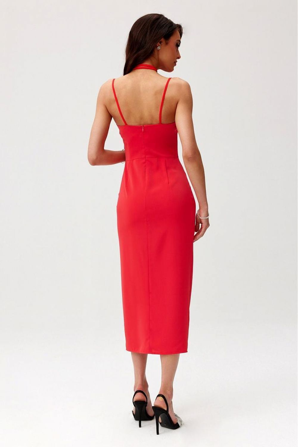 Elegant Maribel Midi Cocktail Dress by Roco Fashion showcasing a decorative rose and sexy slit, perfect for upscale events.