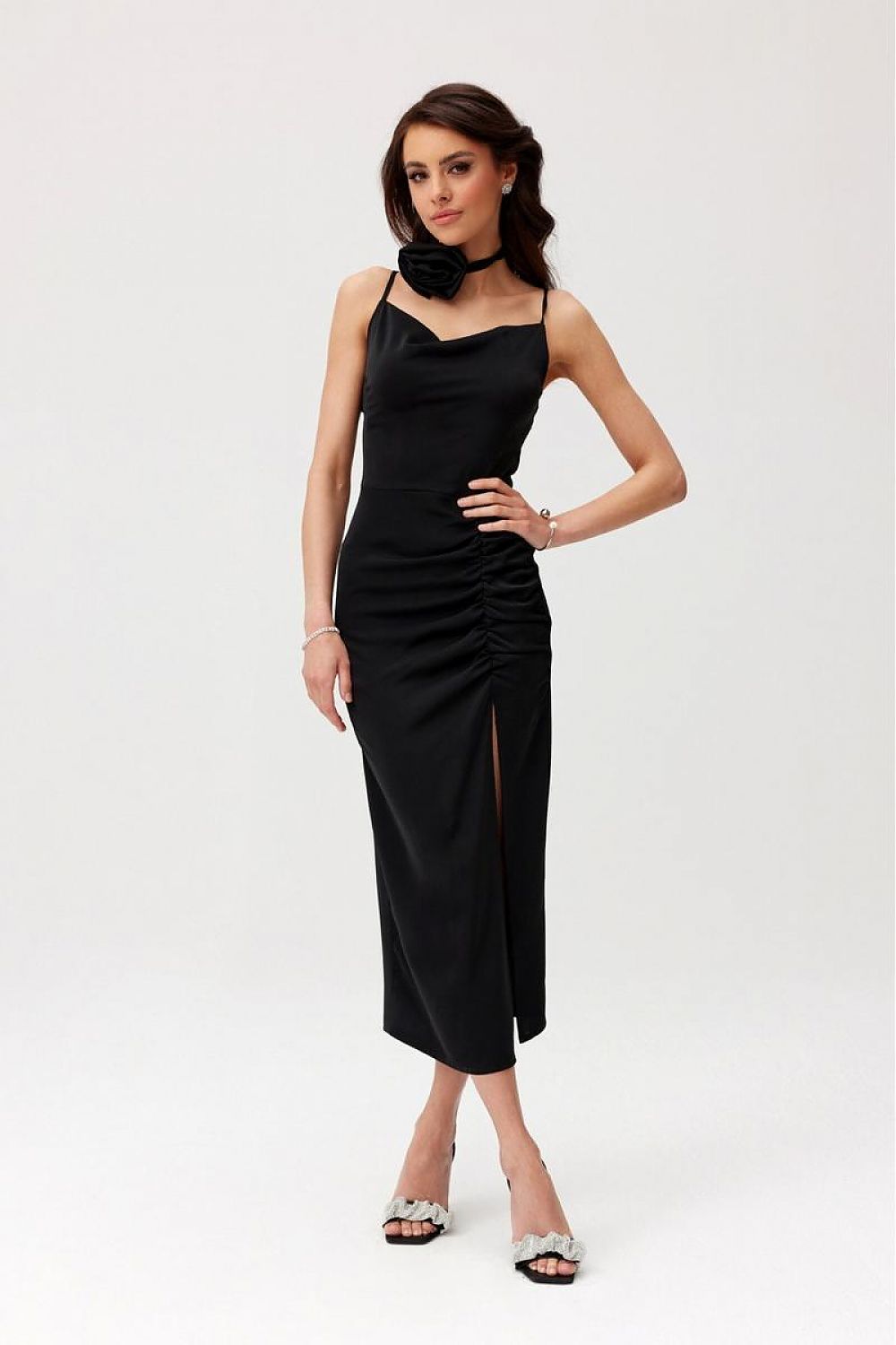 Chic front view of Maribel Midi Cocktail Dress by Roco Fashion, highlighting its thin straps and flattering silhouette.