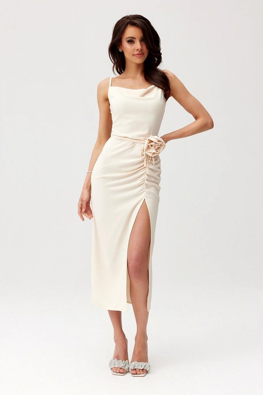 Elegant Maribel Midi Cocktail Dress from Roco Fashion featuring a decorative rose and sexy slit, perfect for upscale events.