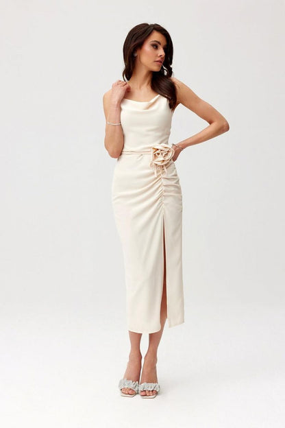 Back view of the Maribel Midi Cocktail Dress by Roco Fashion with covered zipper fastening, demonstrating its elegant look.