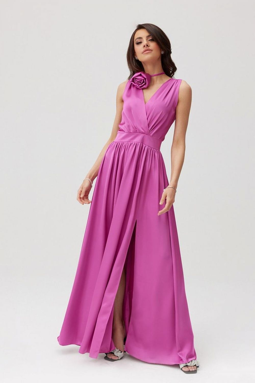 Back view of the Roco Fashion Paloma Satin Maxi Dress featuring a classic cutout back, perfect for special occasions.