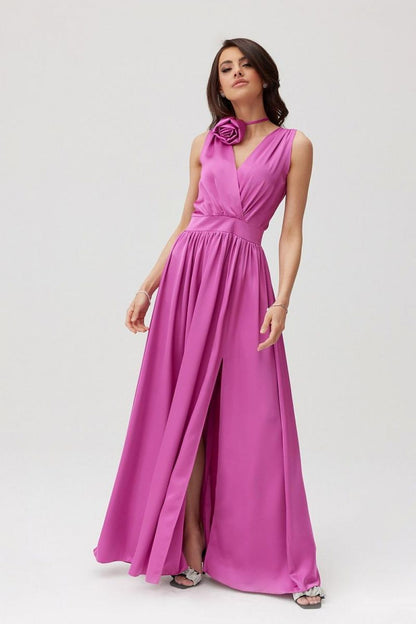 Back view of the Roco Fashion Paloma Satin Maxi Dress featuring a classic cutout back, perfect for special occasions.