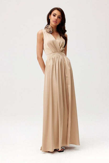 Full length view of the Roco Fashion Paloma Satin Maxi Dress, showcasing its flowing design and exquisite satin texture.