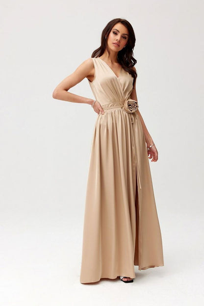 Elegant Paloma Satin Maxi Dress by Roco Fashion featuring thick crinkled straps and a layered neckline, ideal for formal events.