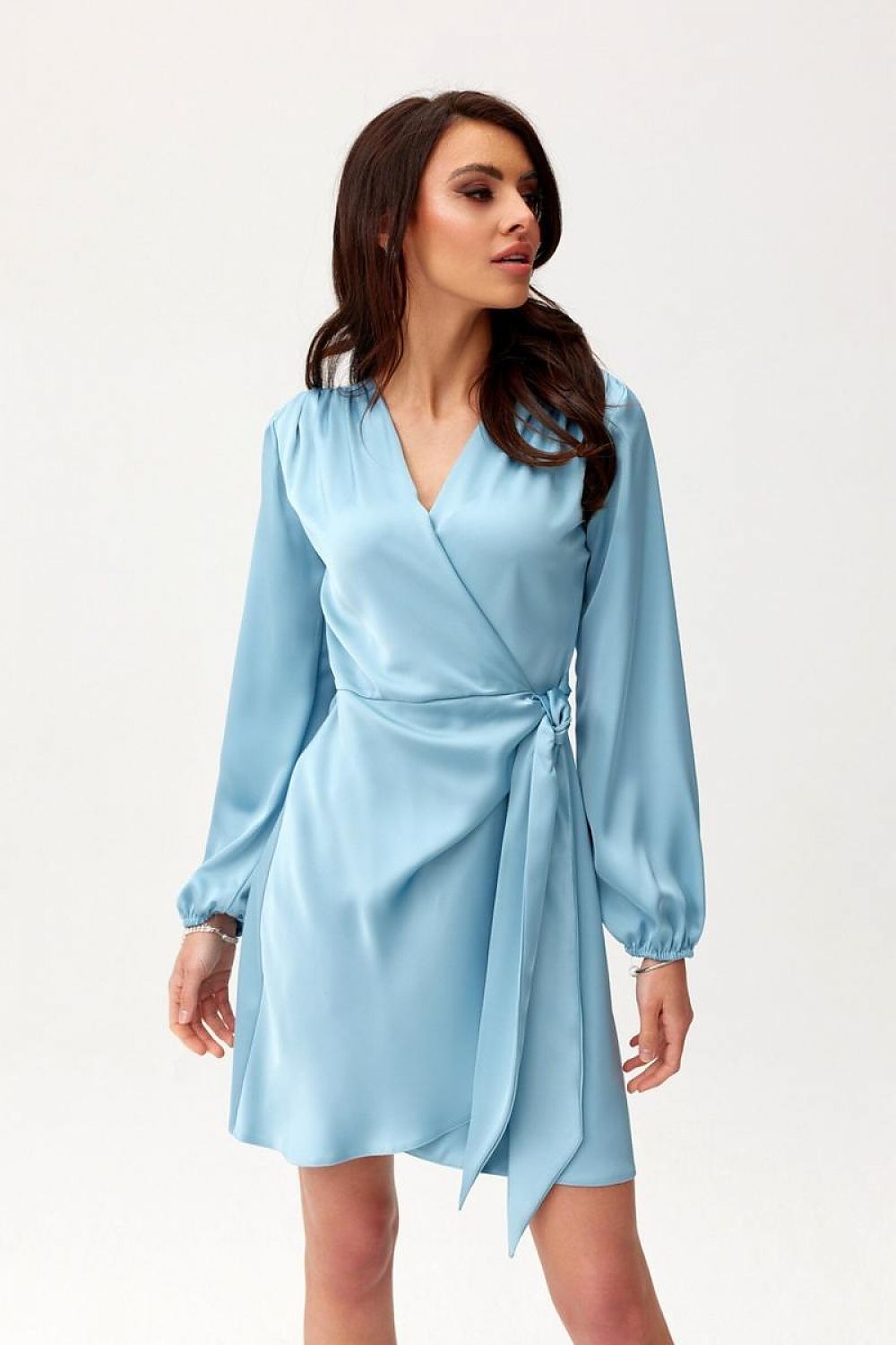 Elegant Satin Cocktail Dress by Roco Fashion showcasing puff sleeves and wrap waist design, perfect for sophisticated occasions.