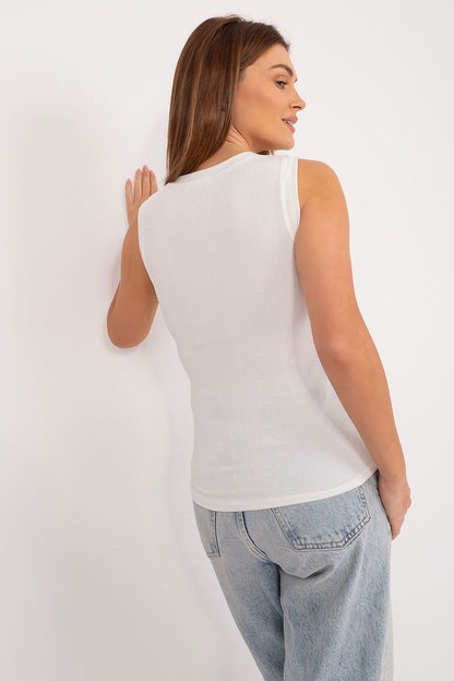 Elegant sleeveless T-shirt by Italy Moda with delicate fabric flower detail, showcasing luxury casual wear for women.