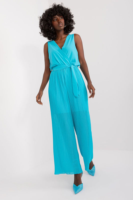 Luxury sleeveless summer jumpsuit with pleated bottom and waist tie by Italy Moda, showcasing elegant design perfect for stylish occasions.