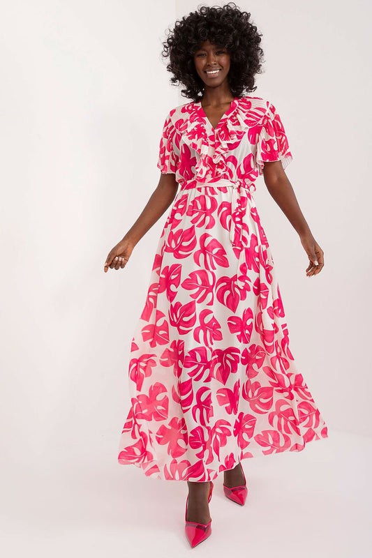 Italy Moda Elegant Maxi Summer Daydress featuring Ruffled Sleeves and Heart Neckline in a vibrant, colourful print, perfect for stylish summer escapes.