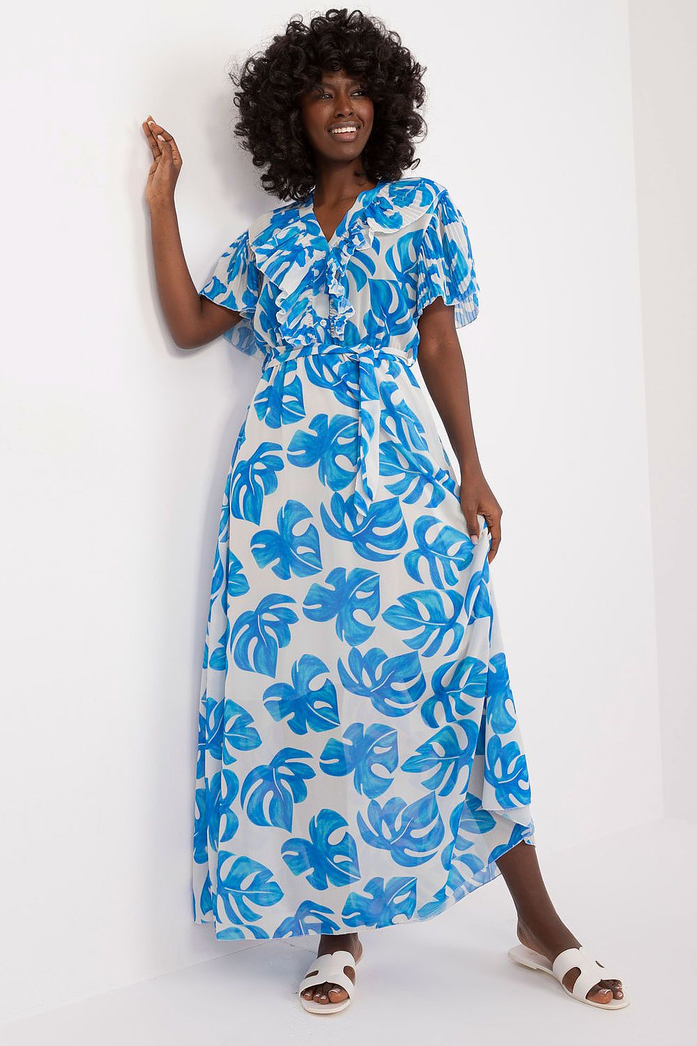 Close-up of the ruffle detail and heart neckline on the Italy Moda maxi dress, showcasing feminine charm and sophistication.