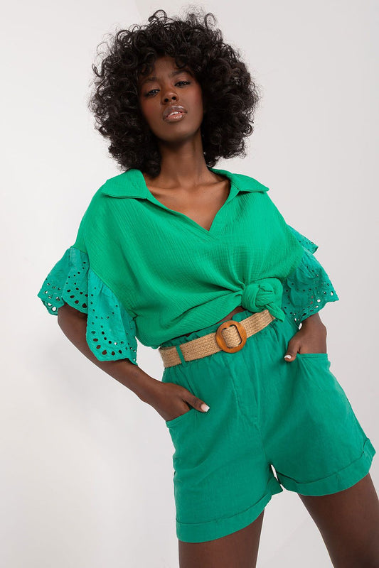 Italy Moda women's luxury linen cotton shorts featuring an adjustable buckled waistband and slip-in pockets, perfect for summer elegance.