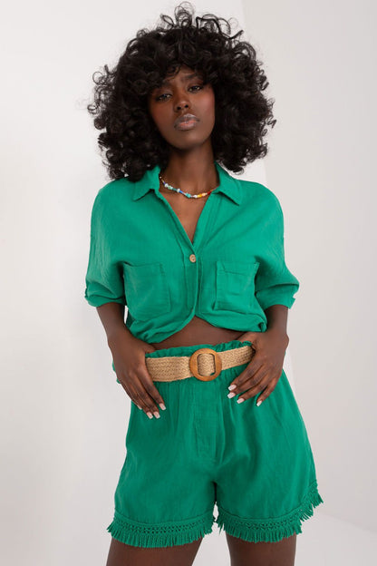 Lightweight and comfortable high-waisted shorts by Italy Moda, made from premium linen-cotton blend with fashionable tassel detailing.