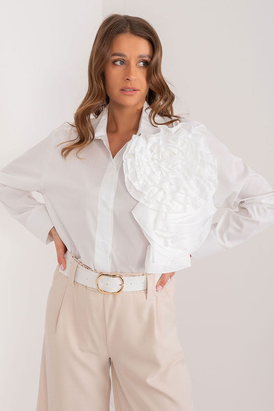 Luxurious long sleeve cotton shirt by Lakerta featuring a decorative floral embellishment, designed for women seeking elegance and comfort in formal attire.