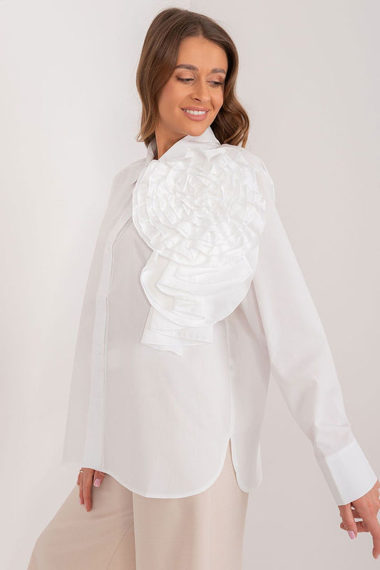 Elegant Women's Long Sleeve Cotton Shirt by Lakerta featuring a decorative flower detail on the shoulder, showcasing luxury design and craftsmanship.