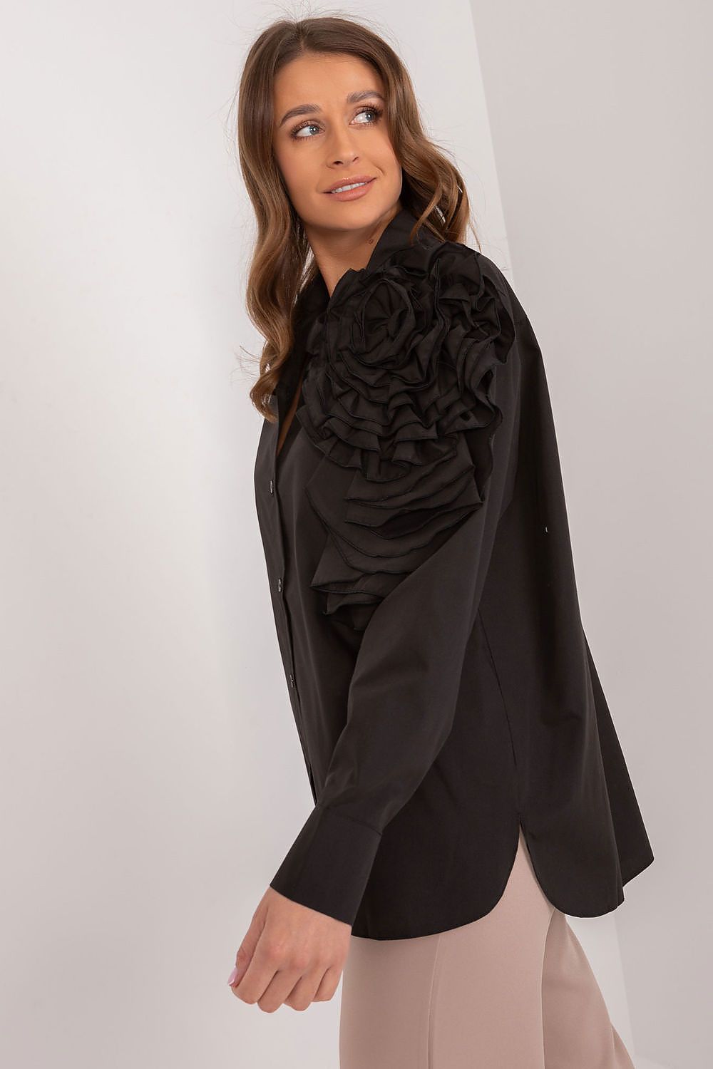 Flat lay of Lakerta's Elegant Women's Long Sleeve Cotton Shirt with decorative flower, illustrating luxury and comfort in women’s fashion.