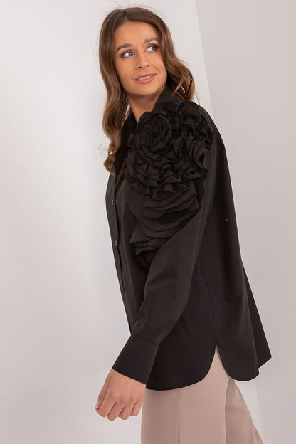 Flat lay of Lakerta's Elegant Women's Long Sleeve Cotton Shirt with decorative flower, illustrating luxury and comfort in women’s fashion.