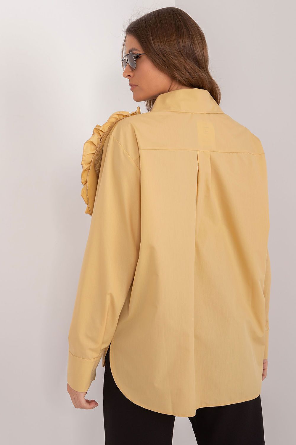 Chic long sleeve cotton shirt for women by Lakerta, perfect for formal occasions with a large decorative flower.