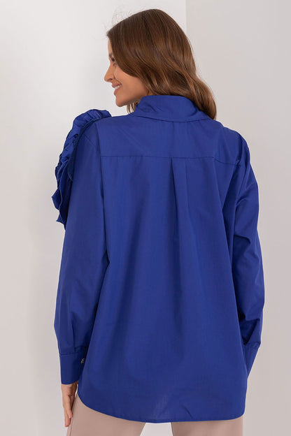 Close-up of Lakerta's women's long sleeve cotton shirt showcasing the intricate decorative flower design, enhancing its luxurious appeal.