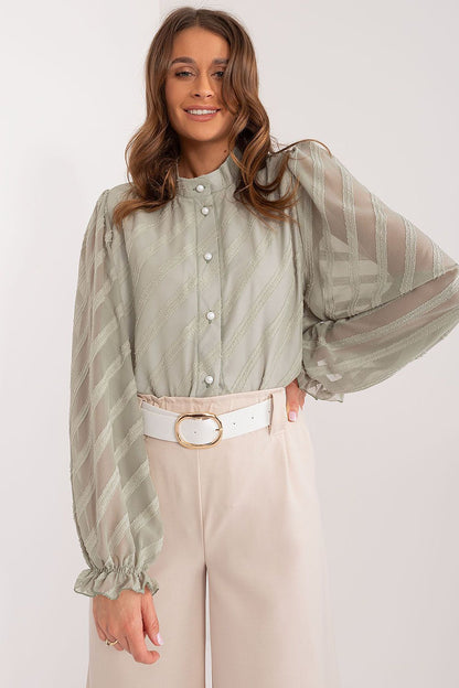 Elegant Women's Long Sleeve Button-Down Shirt with Stand-Up Collar by Lakerta, featuring a luxurious fabric texture and sophisticated design, perfect for business meetings and stylish occasions.