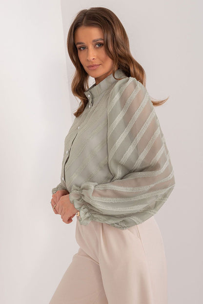 Elegant women's long sleeve button-down shirt with stand-up collar by Lakerta, featuring a luxurious transparent sleeve design and sophisticated fabric texture, perfect for business meetings and formal occasions.