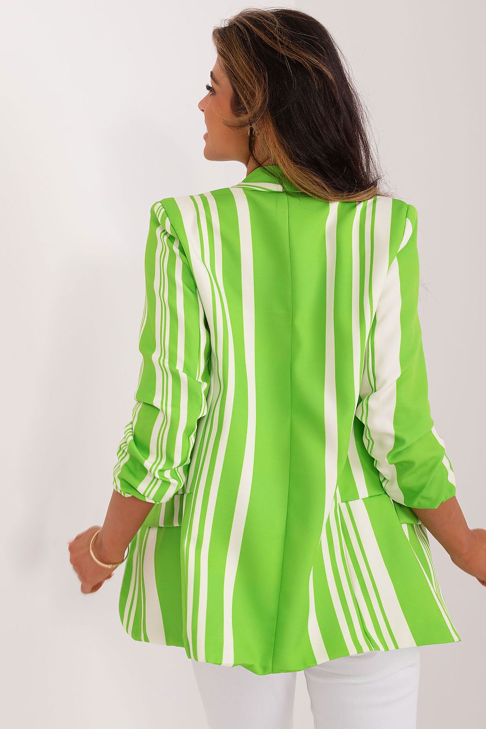 Close-up of Italy Moda's durable polyester blended striped blazer, perfect for adding a touch of elegance to any outfit.