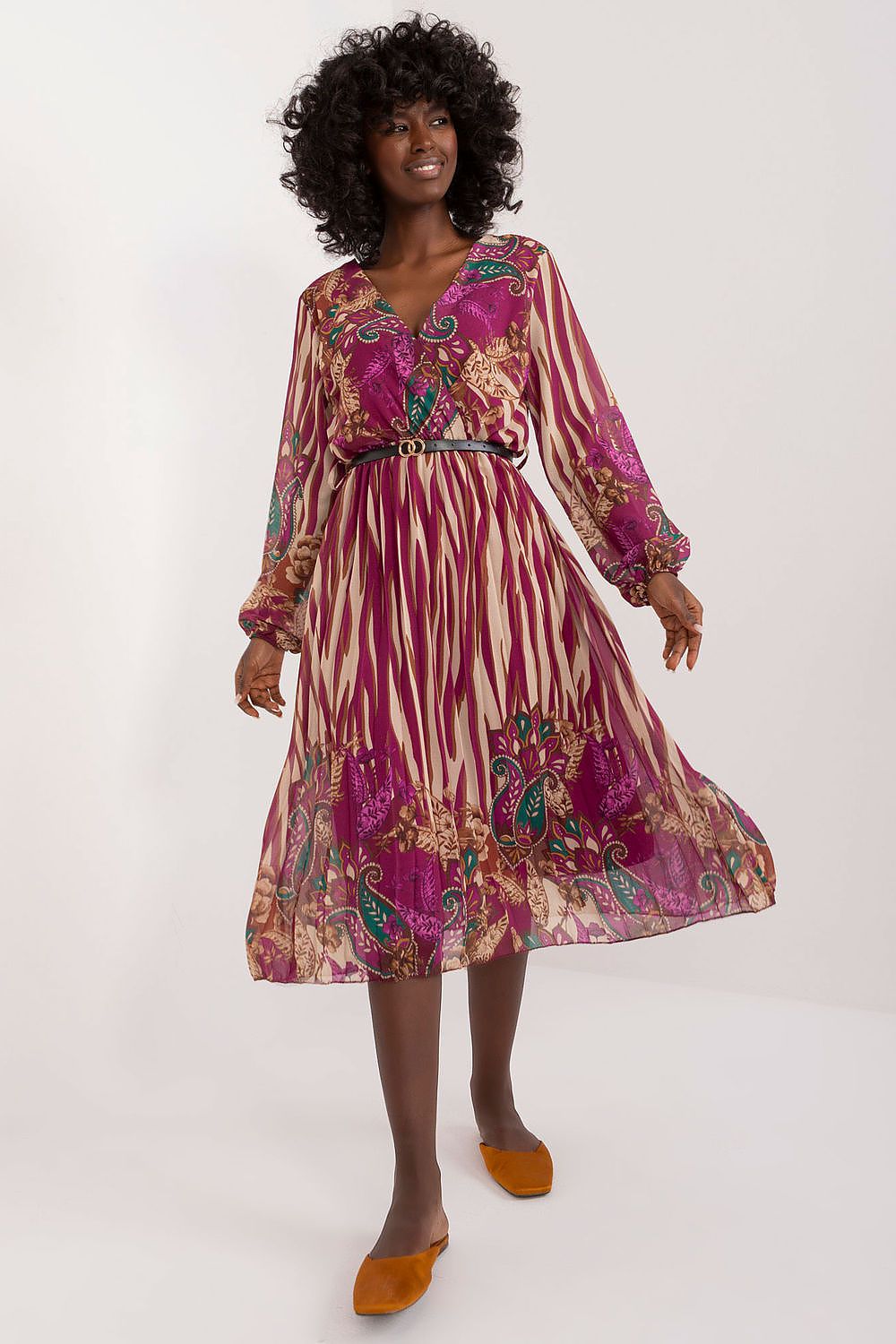Elegant Midi Flared Daydress with Belt in colourful print, designed by Italy Moda, featuring long billowing sleeves and a feminine envelope neckline.