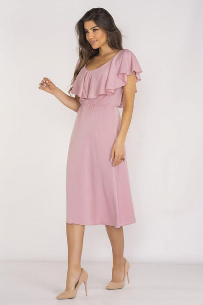 Elegant midi dress by Awama featuring a sophisticated ruffle neckline and a flattering elastic waistband, perfect for summer gatherings.