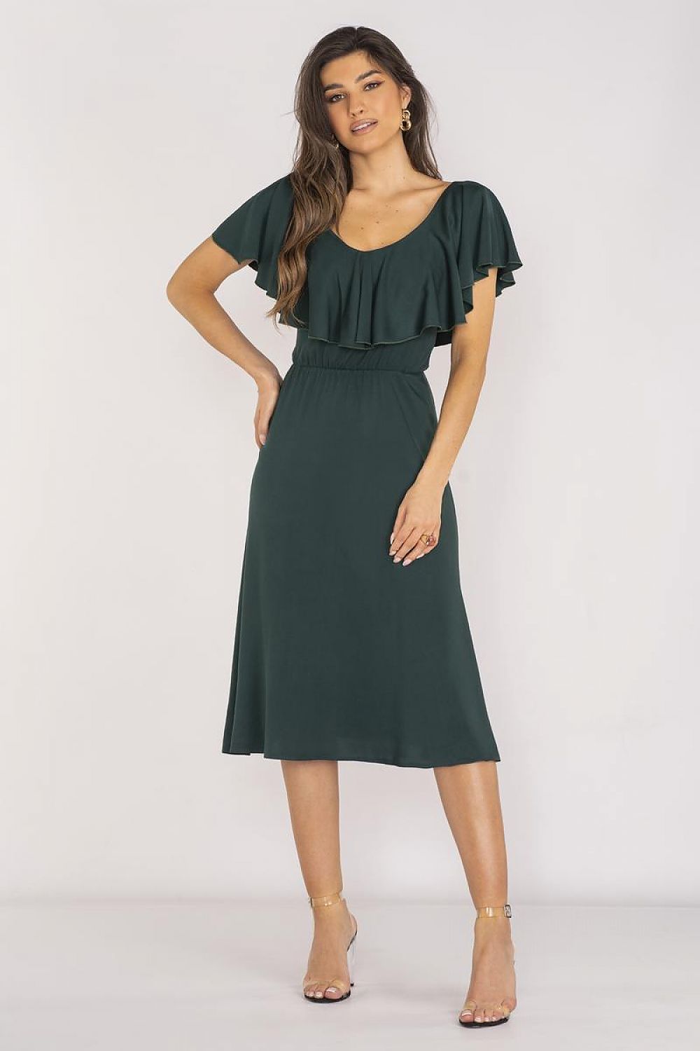 Stylish Awama midi dress with an elegant ruffle neckline, fitted with a stretchy waistband enhancing the silhouette for chic summer outings.