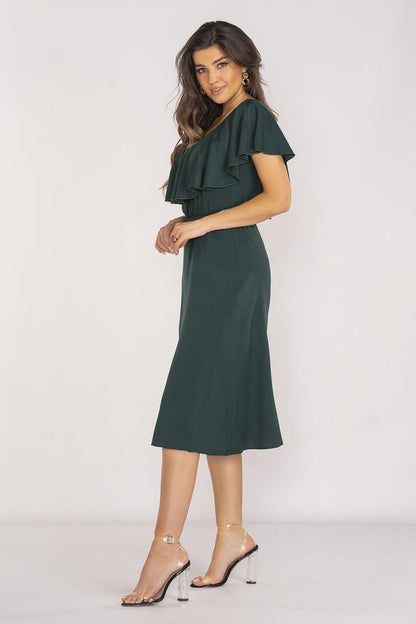 Beautiful Awama midi dress adorned with a ruffle neckline and elastic waistband, epitomizing summer elegance for casual and romantic occasions.