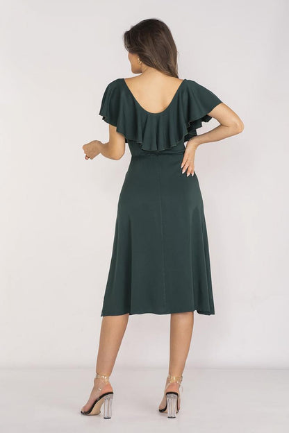 Sophisticated Awama midi length dress featuring a ruffle detail at the neckline and a cinching elastic waistband for a figure-enhancing fit.