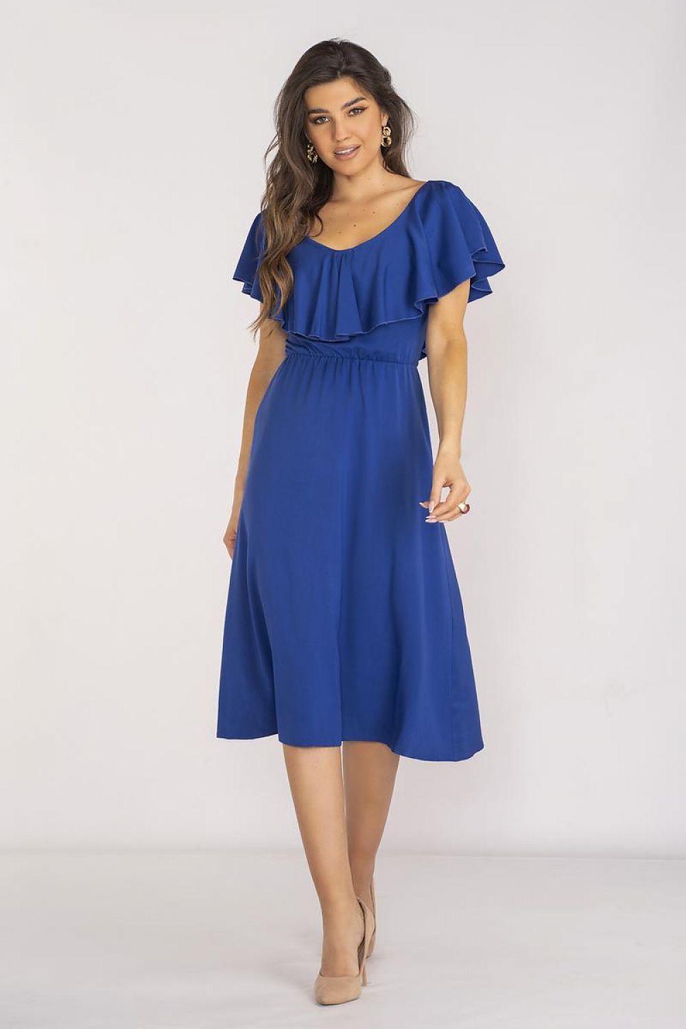 Elegant Awama midi dress with ruffle neckline and elastic waistband, perfect for summer occasions.