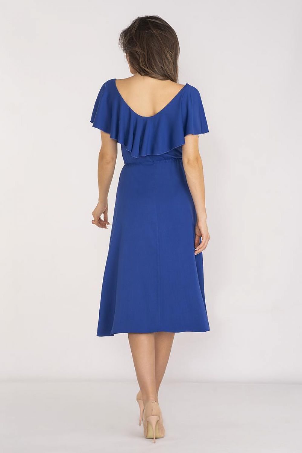 Awama midi length dress styled for a romantic evening, highlighting its elegant design and flattering fit.