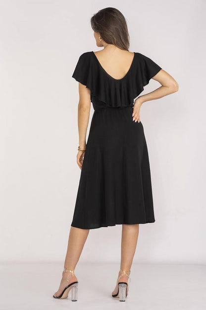 Elegant Awama midi length dress featuring a sophisticated ruffle neckline and stylish elastic waistband, perfect for summer gatherings and romantic evenings.