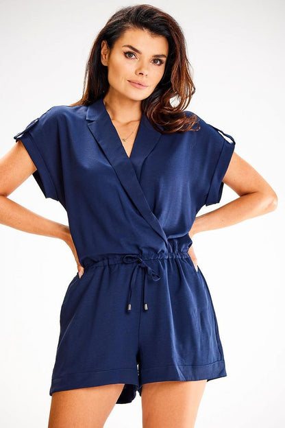 Elegant summer loose jumpsuit by Awama featuring an overlap neckline and elastic waistband, ideal for luxurious outings.