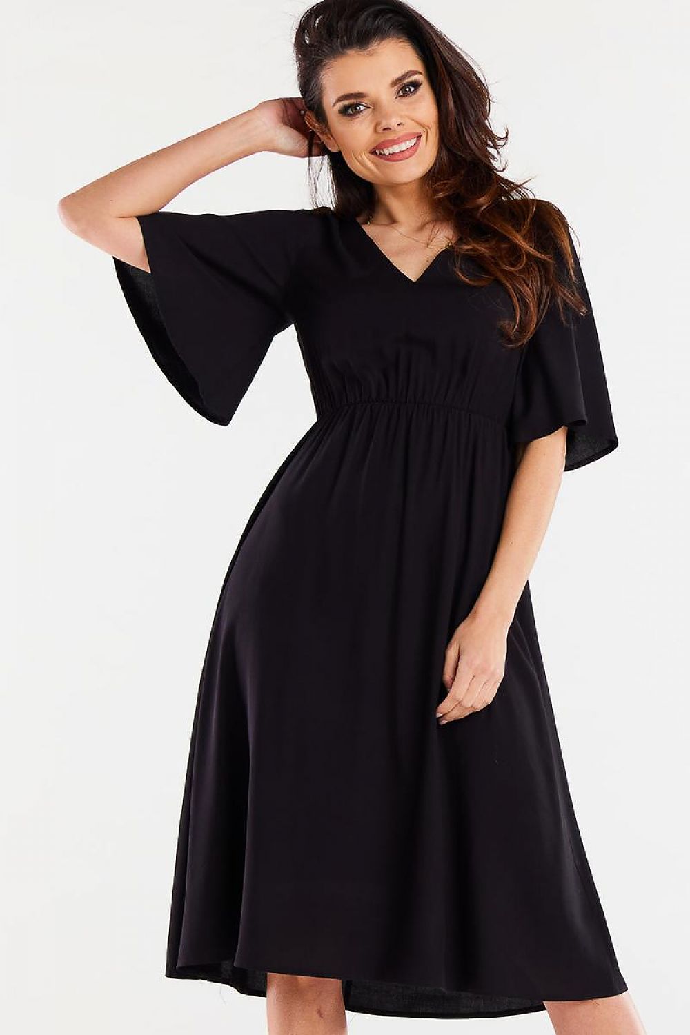 Elegant Flared Daydress by Awama in soft viscose, featuring a luxurious elastic waistband and wide sleeves for a perfect fit.