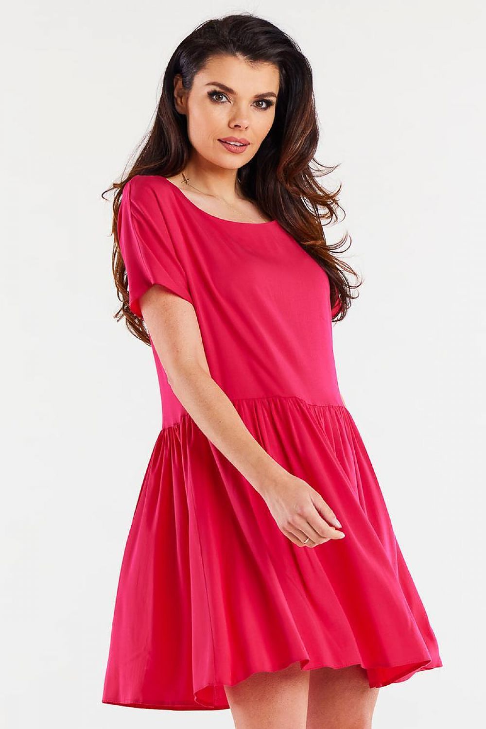 Elegant Viscose Daydress by Awama showcasing a stylish ruffled bottom and short sleeves, perfect for upscale occasions.