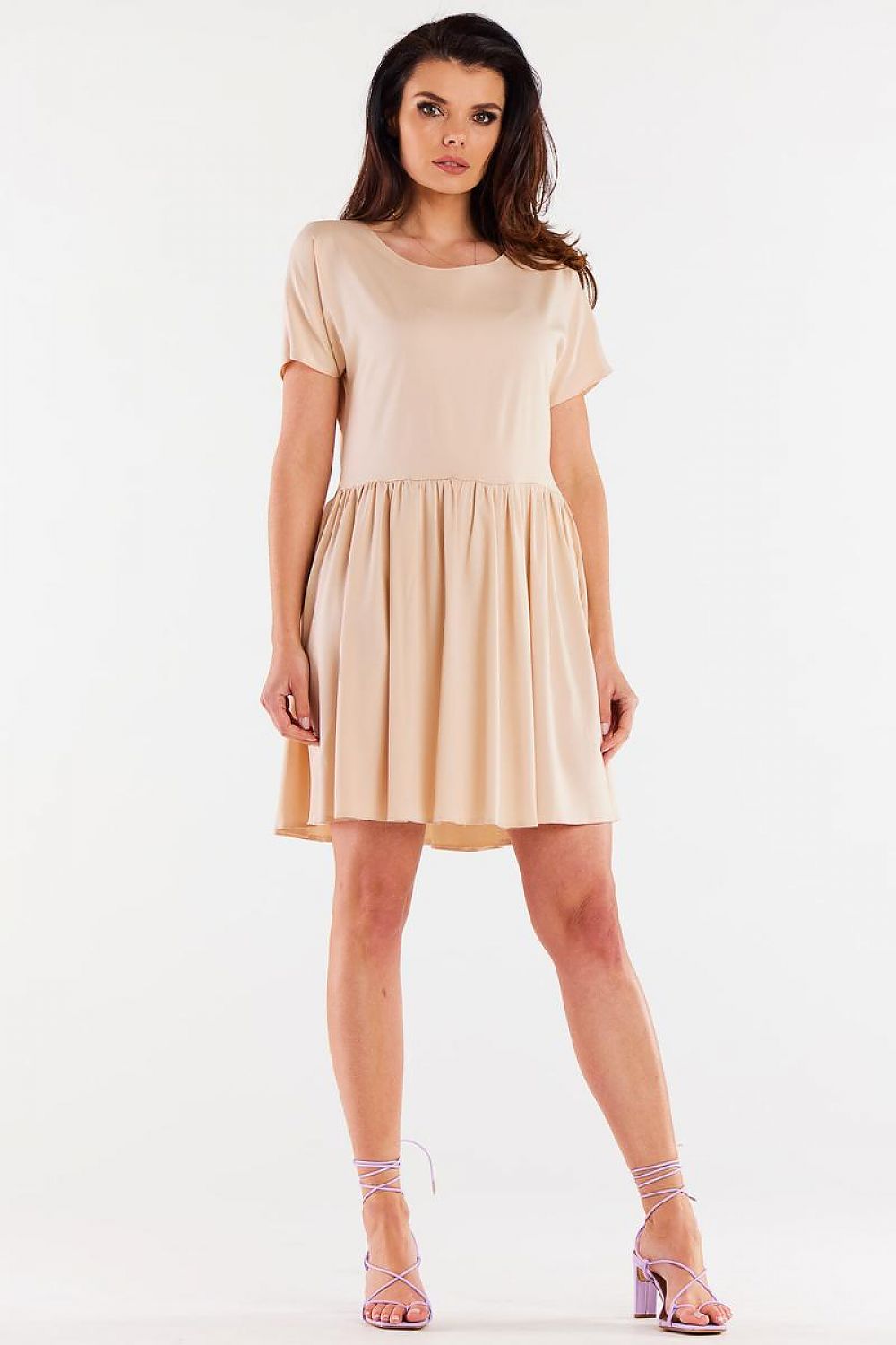 Elegant Awama viscose daydress featuring a stylish ruffled bottom and short sleeves, perfect for any occasion.
