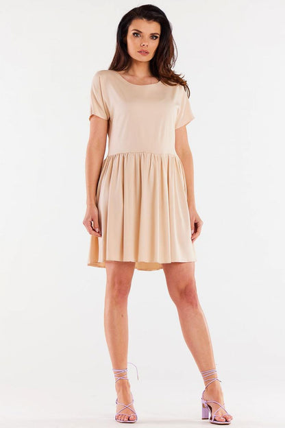 Elegant Awama viscose daydress featuring a stylish ruffled bottom and short sleeves, perfect for any occasion.