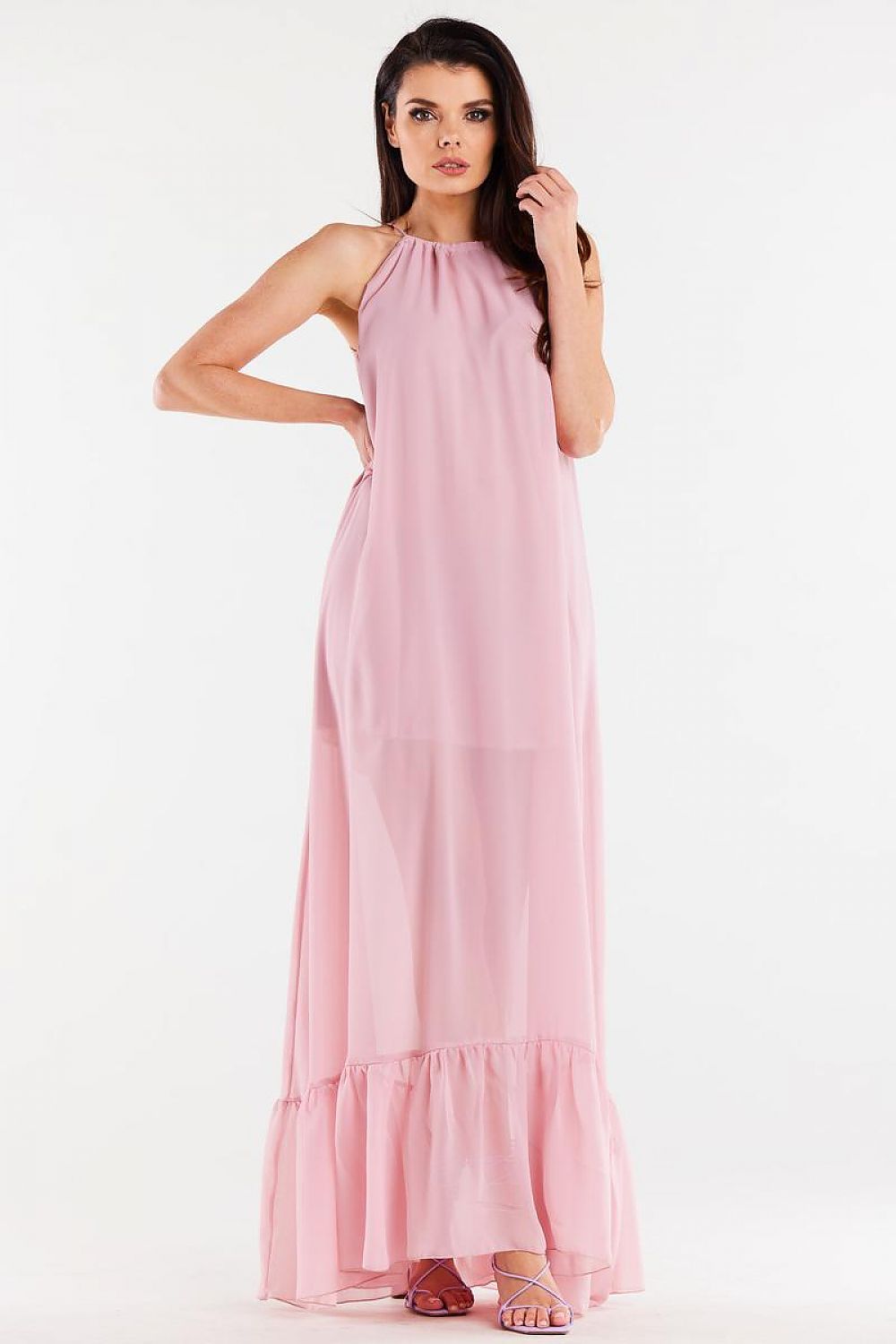 Elegant long chiffon daydress by Awama featuring a decorative ruffle hem and adjustable straps, perfect for luxurious summer outings.