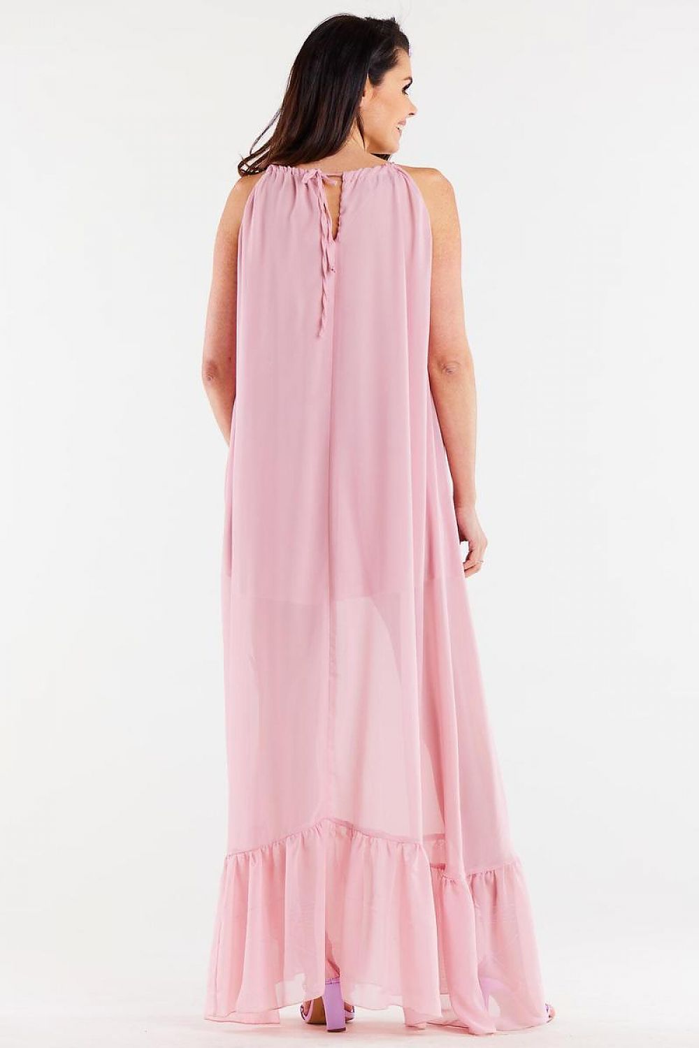 Elegant long chiffon daydress by Awama featuring a delicate ruffle hem and adjustable straps, perfect for summer outings.