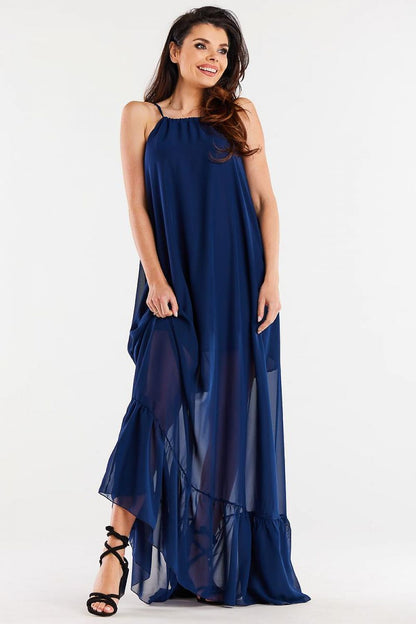 Stylish and comfortable loose-fitting chiffon dress by Awama with adjustable straps and a flattering ruffle detail at the hem.
