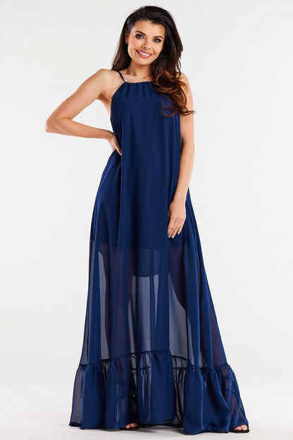 Gorgeous long chiffon daydress with a modern ruffle hem and adjustable straps by Awama, showcasing luxury fashion.